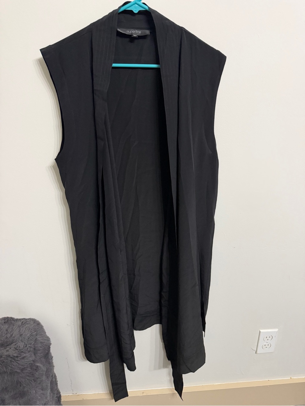 Superfine Black Sleeveless Open Front Duster Vest Made in Italy